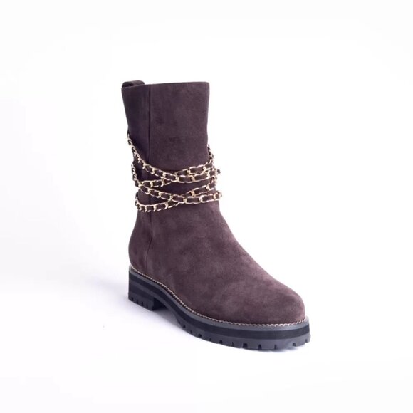 NEW CECELIA NEW YORK Chocolate Suede Misunderstood Chain Boots Chocolate 864tn - Picture 2 of 9